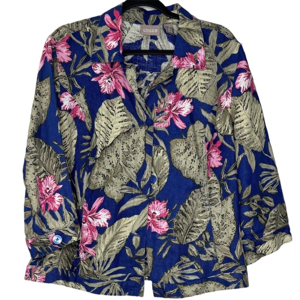 Chicos 100% Linen Lightweight Jacket (Size L) Tropical Print Button 3/4 Sleeve